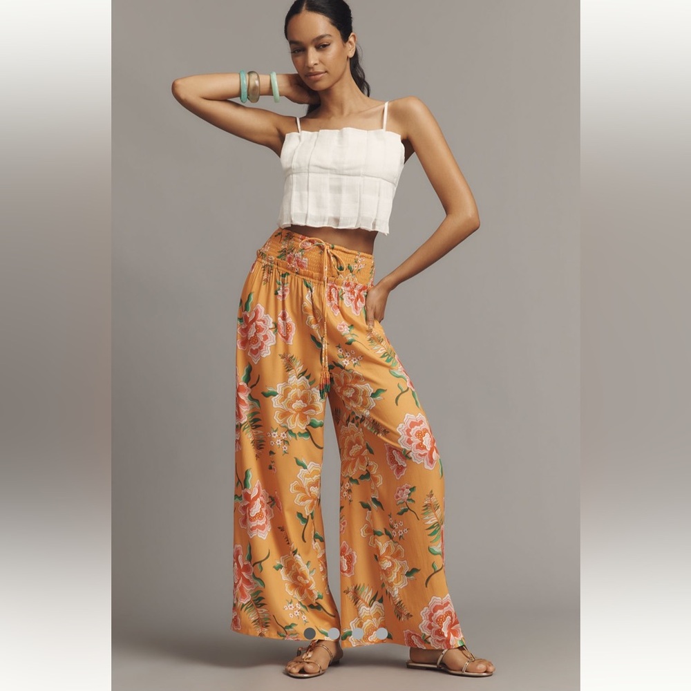 FARM Rio x Anthropologie Vibrant Smocked Floral Wide-Leg Pants, NWT
